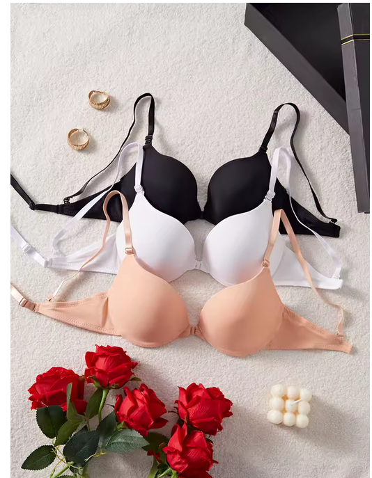3Pcs/Set Women Bras Solid Basic Padded Push Up Bra Front Closure Daily Simple Comfortable Bras XS-XL