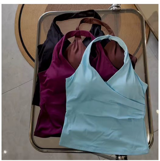 Women's Sexy V-Neck Fitness Bra Nude Sports Bra Hanging Neck Yoga Suit Vest Comfortable Breathable Gym Top for Active Wear