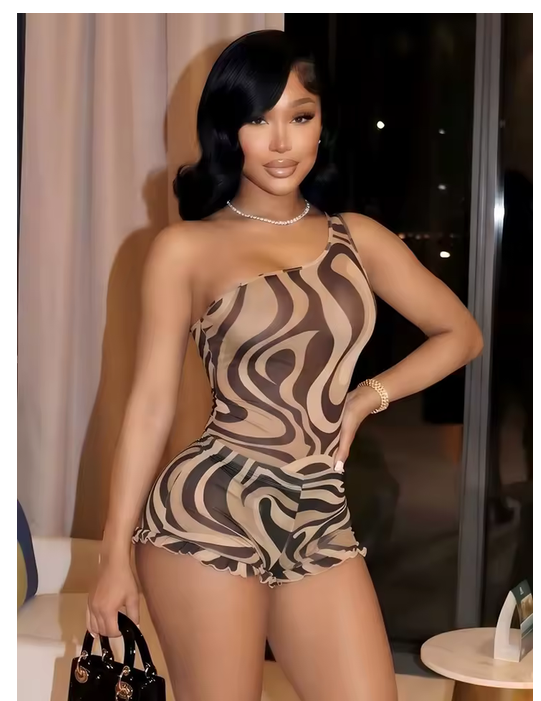 Weird Puss Wavy Pattern Print 2 Piece Set Woman Skew Collar Backless Tank Tops+Ruffles Edge Design Mini Shorts Sexy Fashion Suit