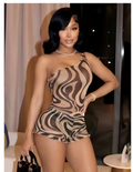 Weird Puss Wavy Pattern Print 2 Piece Set Woman Skew Collar Backless Tank Tops+Ruffles Edge Design Mini Shorts Sexy Fashion Suit