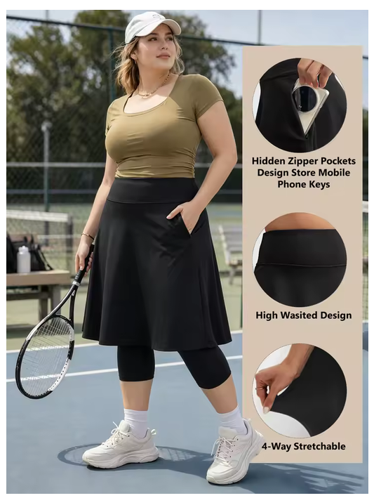 Plus Skirted Capris Skorts Women Long Knee Length Skirt with Capris Leggings,Skirted Leggings with High Waisted Zipper Pockets