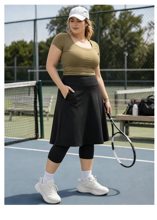 Plus Skirted Capris Skorts Women Long Knee Length Skirt with Capris Leggings,Skirted Leggings with High Waisted Zipper Pockets