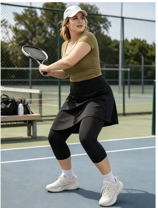 Plus Skirted Capris Skorts Women Long Knee Length Skirt with Capris Leggings,Skirted Leggings with High Waisted Zipper Pockets