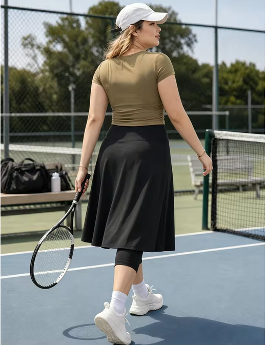 Plus Skirted Capris Skorts Women Long Knee Length Skirt with Capris Leggings,Skirted Leggings with High Waisted Zipper Pockets