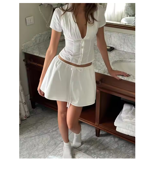 Kawaii White Mini Skirts Women Summer 2025 Japanese Y2k Fashion Ruched Skirts Vintage Kawaii Pencil Skirt With Shorts Front Tie
