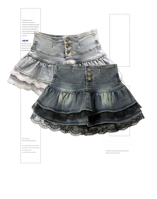 Woman Vintage Denim Pleated Skirt Lace Fold Design A-line Short Skirt Built in Shorts American Spicy Girl Korea Fashion Hotsweet