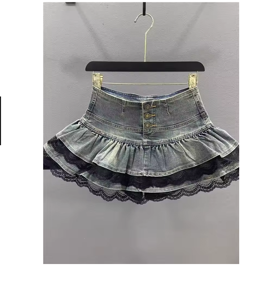 Woman Vintage Denim Pleated Skirt Lace Fold Design A-line Short Skirt Built in Shorts American Spicy Girl Korea Fashion Hotsweet