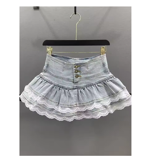 Woman Vintage Denim Pleated Skirt Lace Fold Design A-line Short Skirt Built in Shorts American Spicy Girl Korea Fashion Hotsweet