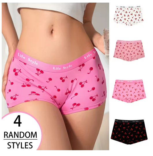 Random 4-Pack Mixed Color Fruit Pattern Cherry Print Ladies' Boxer Briefs Travel Home Casual Cotton Comfortable Underwear