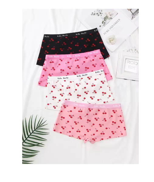 Random 4-Pack Mixed Color Fruit Pattern Cherry Print Ladies' Boxer Briefs Travel Home Casual Cotton Comfortable Underwear