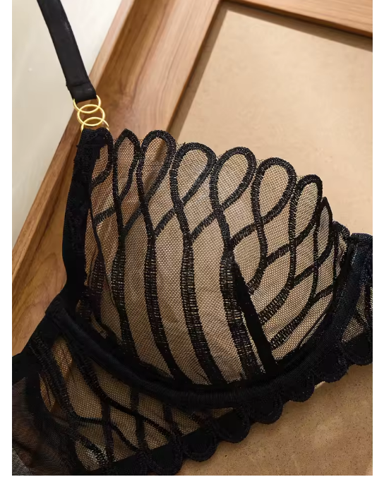 French Style Sexy Embroidered Transparent Underwear Set V-Neck Design Anti-Sagging Breathable Bra And Panties Ensemble